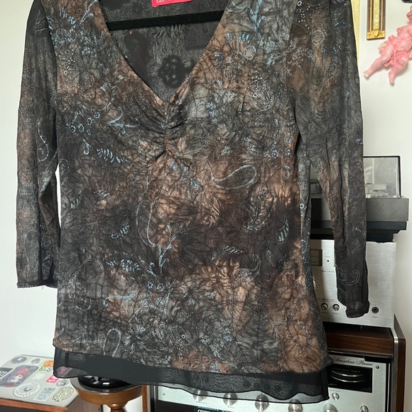 90s Whimsigoth Sheer Fairy Brown Blue Sparkle Top Vintage - Picture 2 of 6